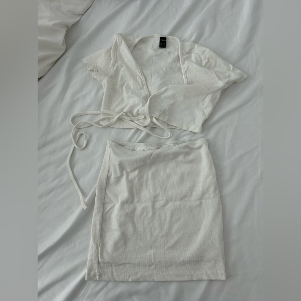 SHEIN White Cropped Wrap Top and Mini Skirt